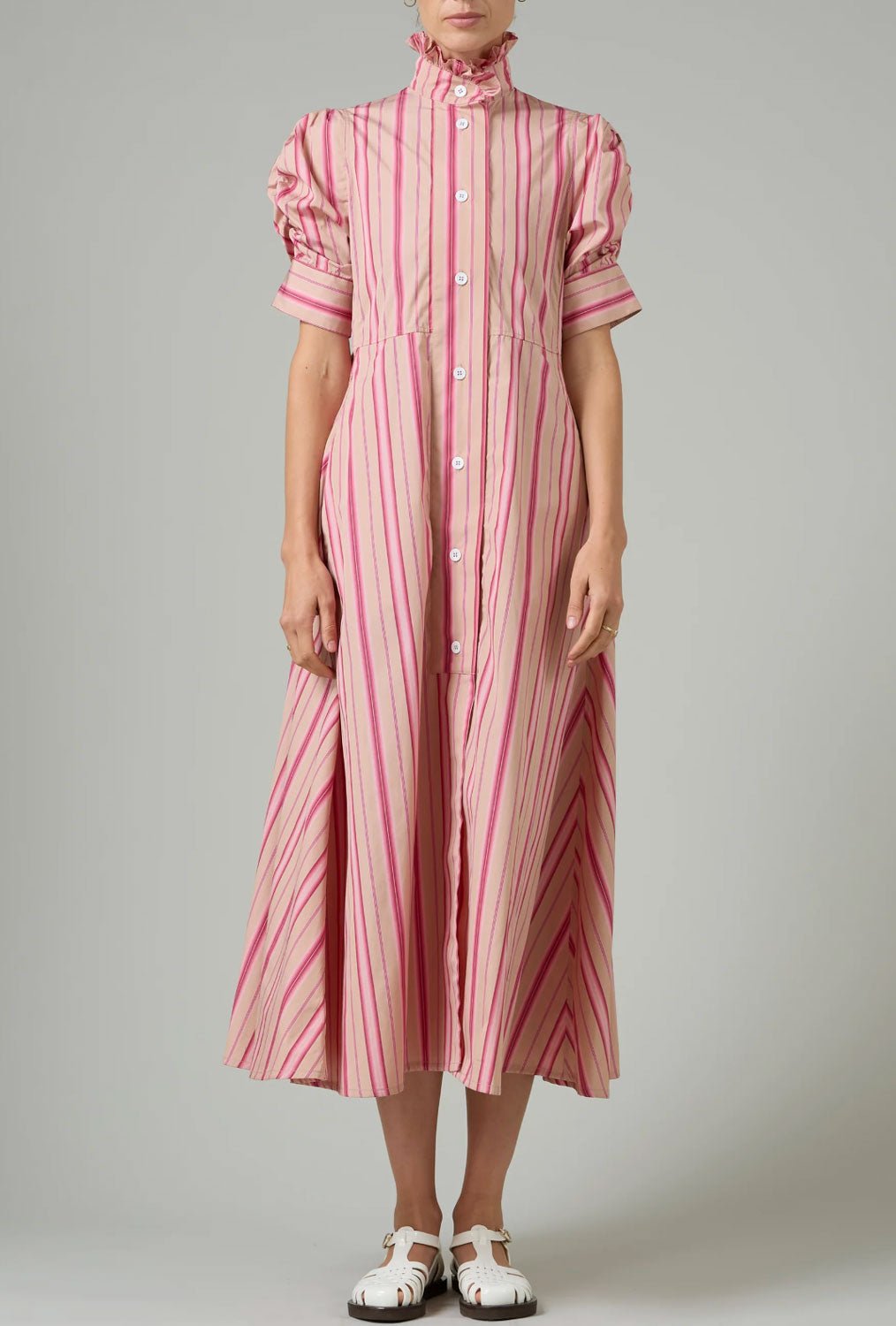 THIERRY COLSON - Venetia Dress in Biscuit + Pink Capri Stripes