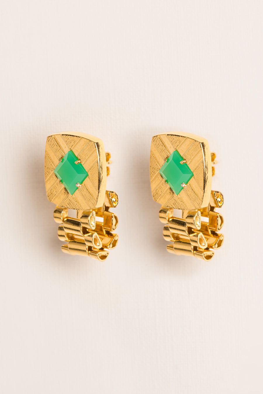 Wouters & Hendrix - Cufflink and Watch Chain Stud Earrings with Green Chrysoprase in Gold