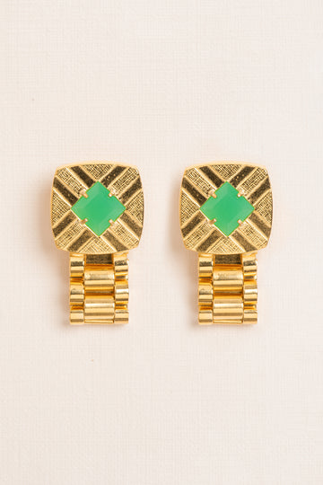Wouters & Hendrix - Cufflink and Watch Chain Stud Earrings with Green Chrysoprase in Gold