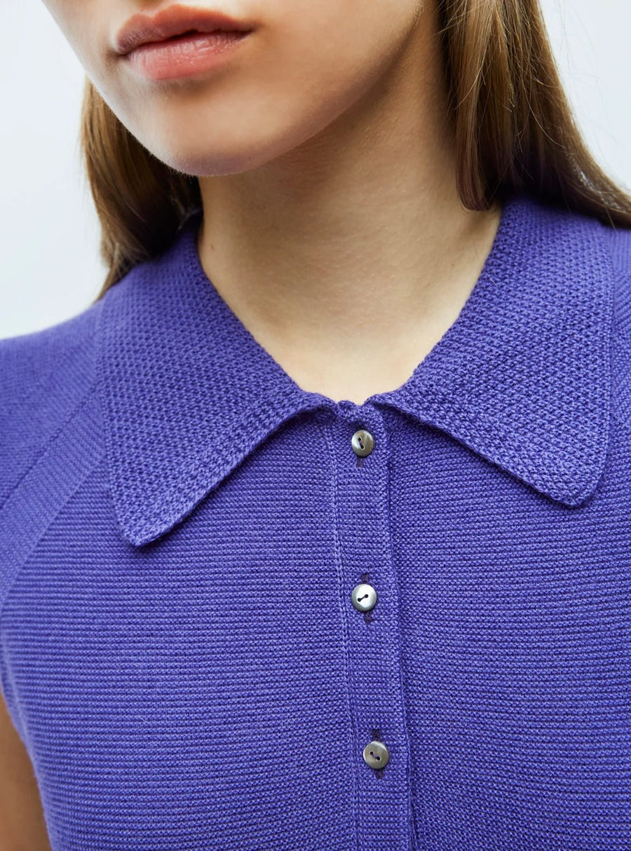 Molli - Knit Cap Sleeve Polo Top in Cassis