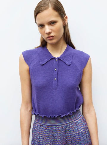 Molli - Knit Cap Sleeve Polo Top in Cassis